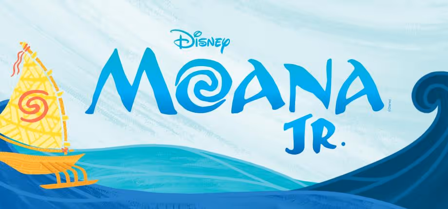 Disney Moana Jr. logo with a stylized yellow sailboat on blue ocean waves background.