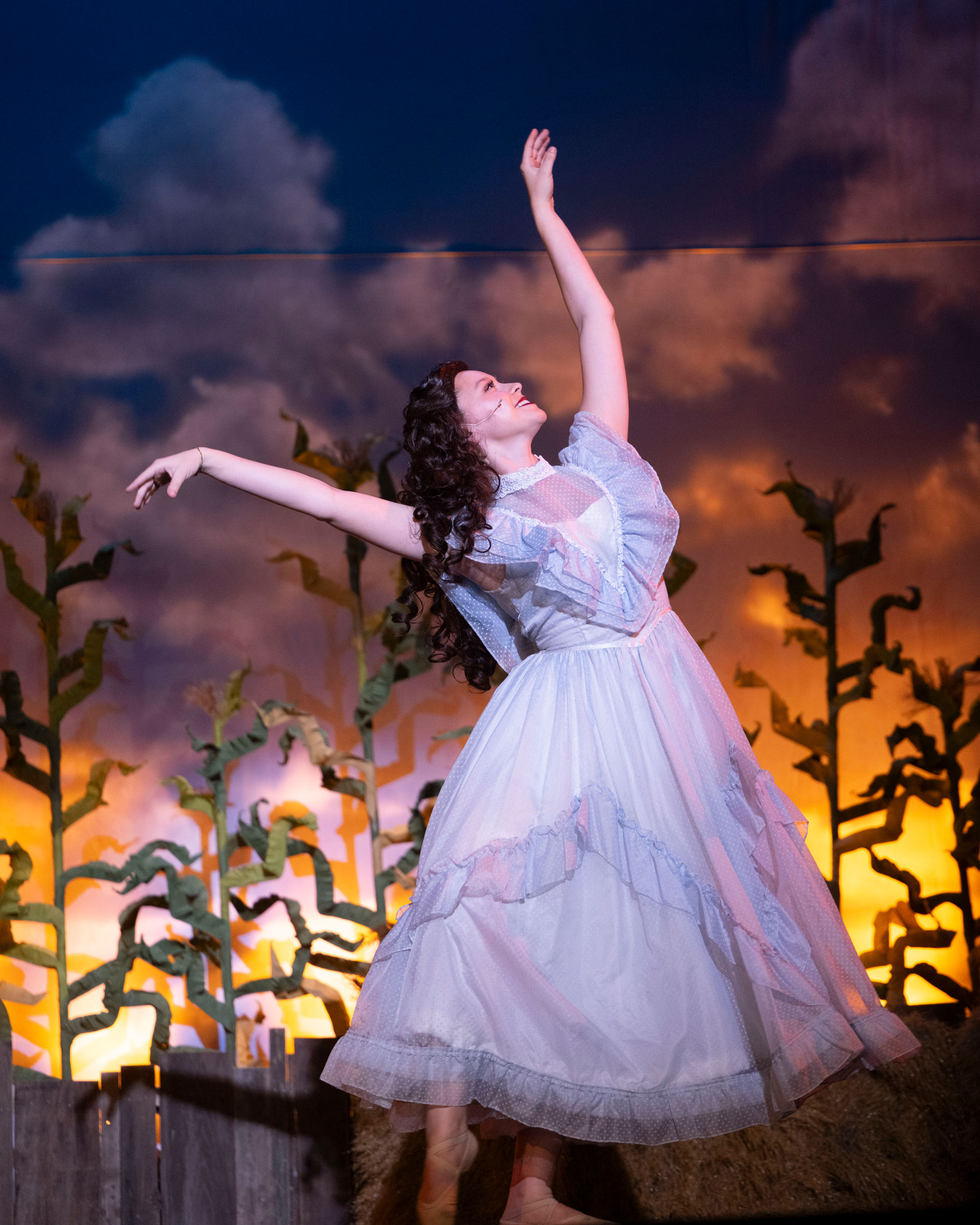 Silhouettes of ballet dancers performing on stage with an orange-red background.