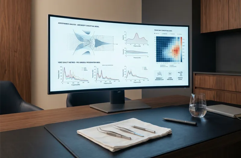 Pantalla médica con imágenes avanzadas de la laringe utilizadas para planear tratamientos de alta precisión.