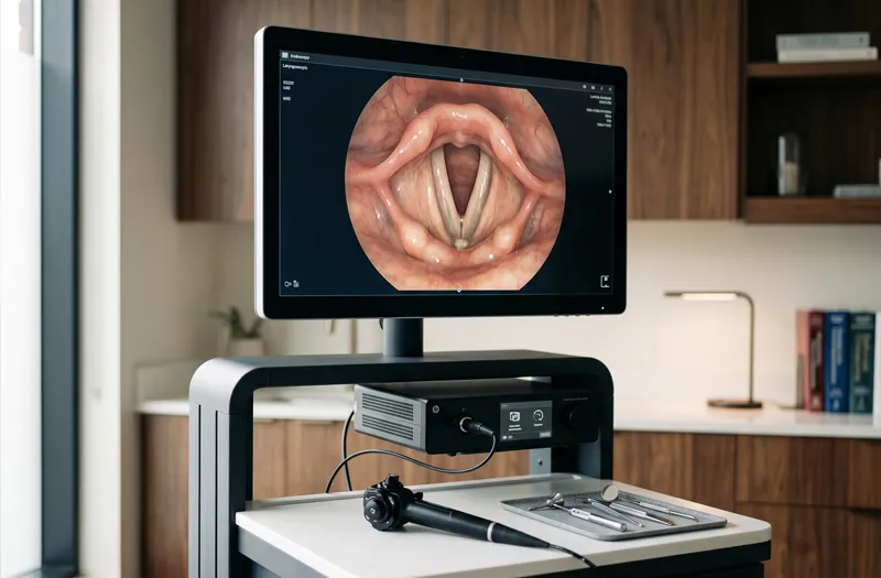 Equipo de laringoscopia y endoscopia HD utilizado para diagnóstico avanzado de garganta y vías respiratorias.