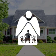 White angel figure with a family of three children inside, superimposed on a suburban house background.