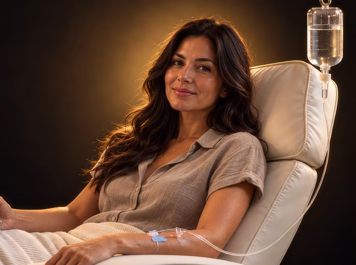Woman receiving IV therapy in a clinic recliner