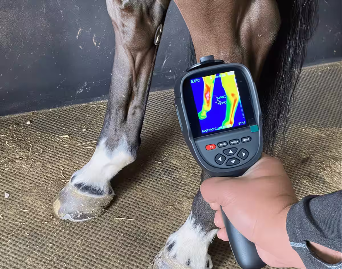 Thermal imaging camera assessing a horse's leg during localised cryotherapy treatment