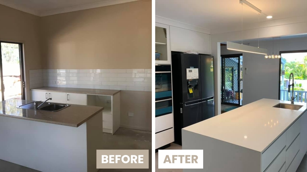 Side-by-side kitchen renovation comparison showing before with dated cabinetry and countertop, and after with modern white cabinetry, sleek white countertop, black refrigerator, and contemporary lighting.