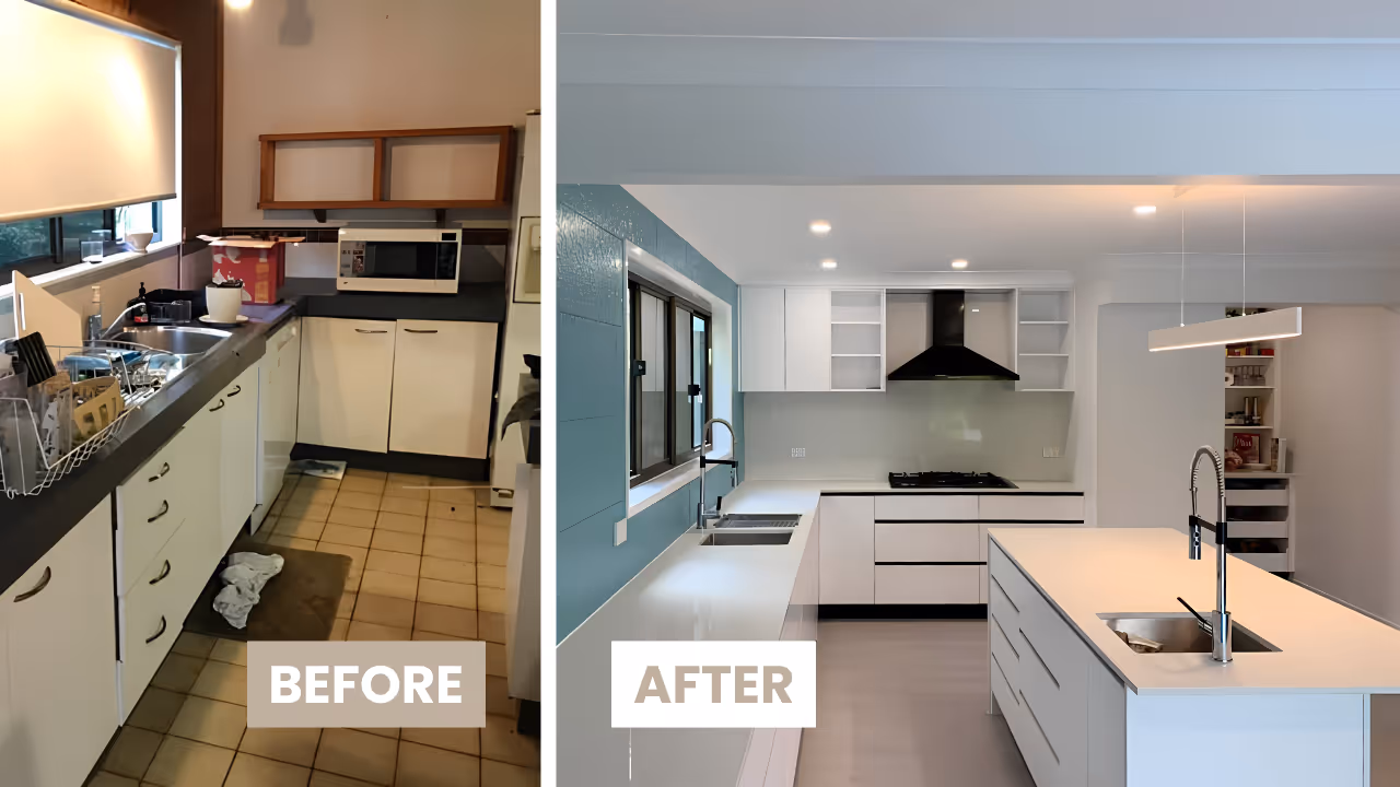 Side-by-side comparison of a kitchen before and after renovation, showing a cluttered dated kitchen on the left and a modern, sleek white kitchen with an island on the right.