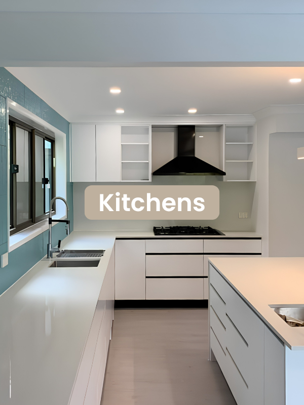 Modern kitchen with white cabinets, a black range hood, a gas stove, and a large window above the sink.