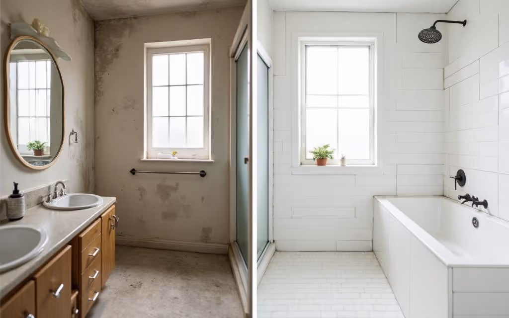 Split image showing a bathroom before renovation with dirty walls and dated fixtures on the left, and after renovation with clean white tiles, a modern bathtub, and a shower on the right.