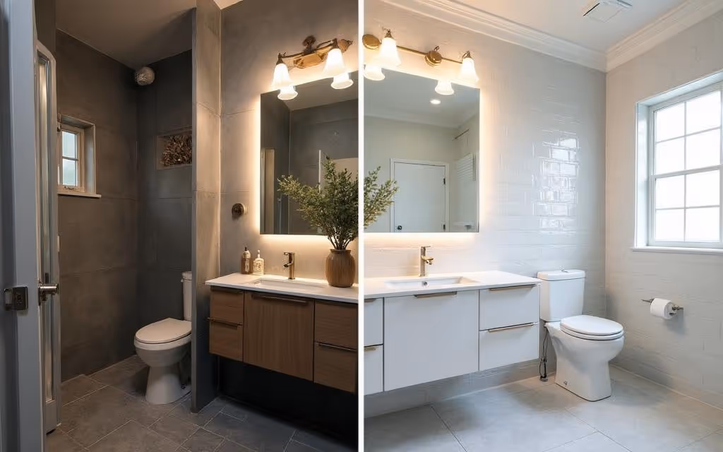 Comparison of a bathroom before and after renovation: left side with dark tiles and wood vanity, right side with white tiles and modern white vanity.