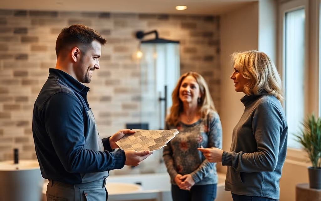 Man showing mosaic tile samples to two women in a well-lit modern bathroom.