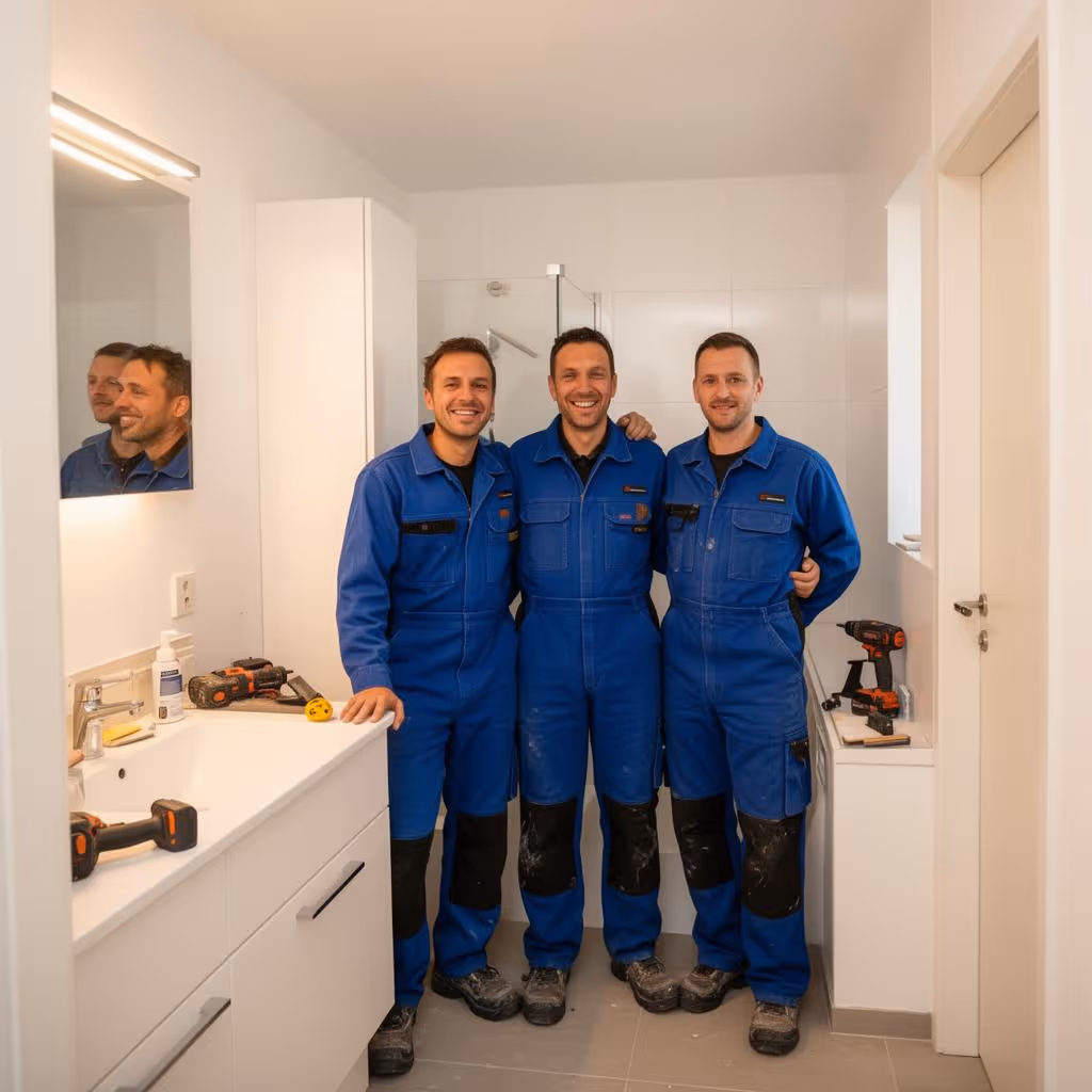 Three smiling workers in blue coveralls standing together in a modern white bathroom under construction.