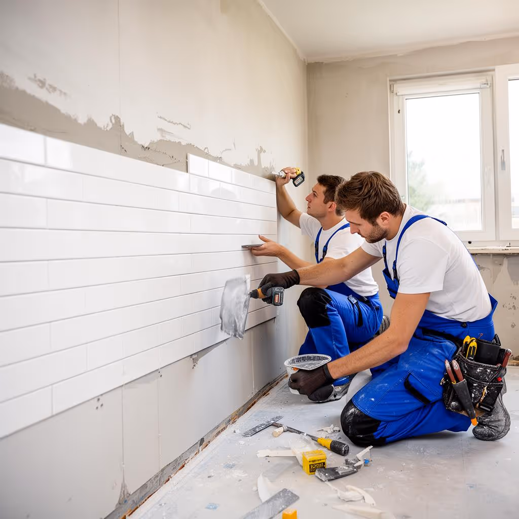 Two workers in blue overalls installing white subway tiles on a wall in a room under renovation.