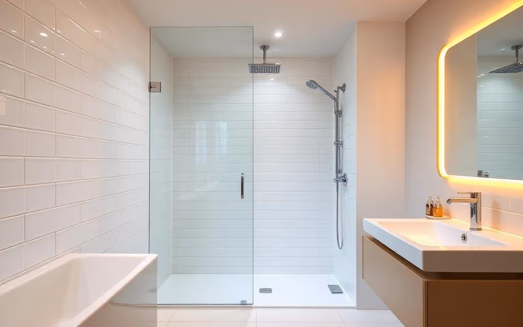 Modern white bathroom with a walk-in glass shower, rectangular bathtub, and wall-mounted sink with illuminated mirror.
