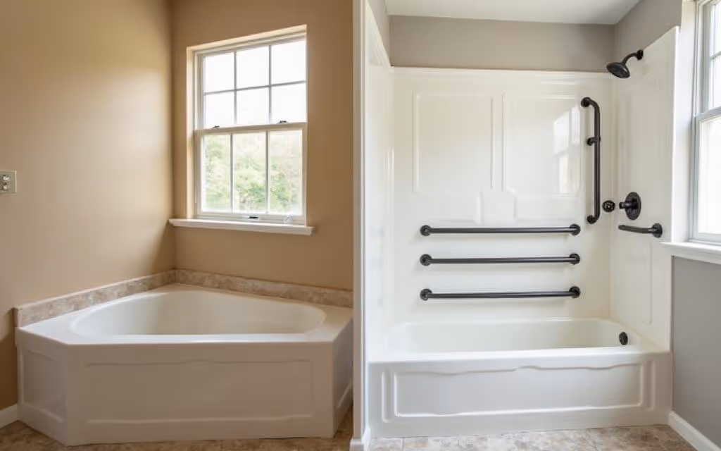 Split image of two bathtubs: left side with a corner bathtub under a window in beige walls; right side with a white bathtub and shower, equipped with multiple black grab bars and a showerhead.