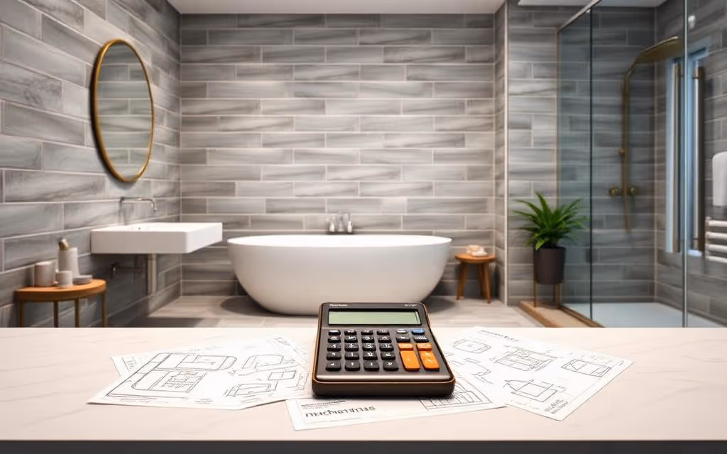 Calculator placed on architectural blueprints with a modern bathroom featuring a bathtub, sink, round mirror, and glass shower in the background.