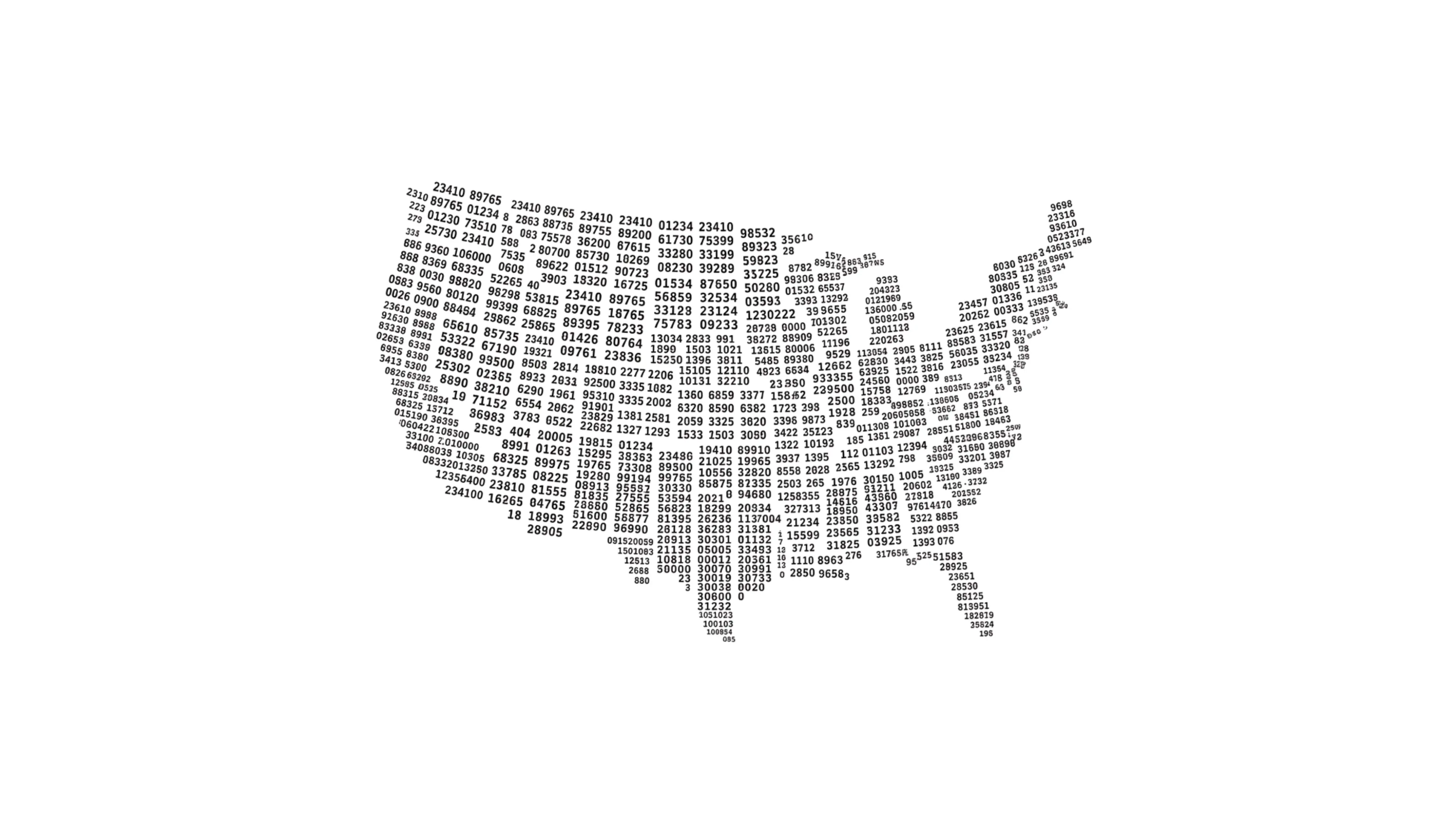 USA Map shaped with multiple zip codes in black and white
