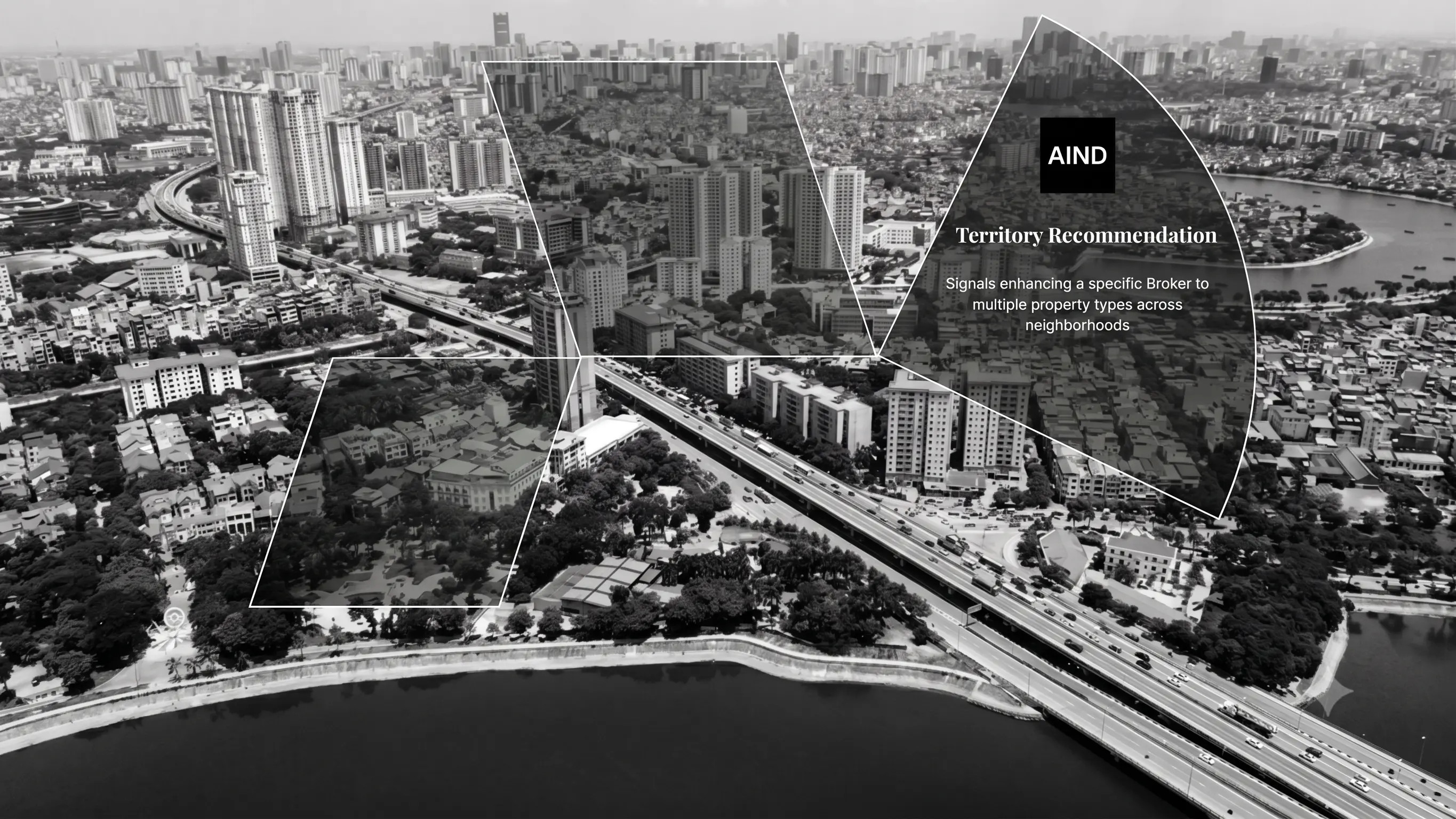 A macro aerial photograph of a metropolitan real estate market overlaid with digital boundary lines, illustrating AIND's Recommendation Territory protocol across multiple ZIP codes.