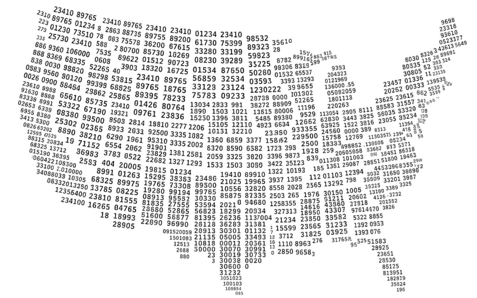 USA Map shaped with multiple zip codes in black and white