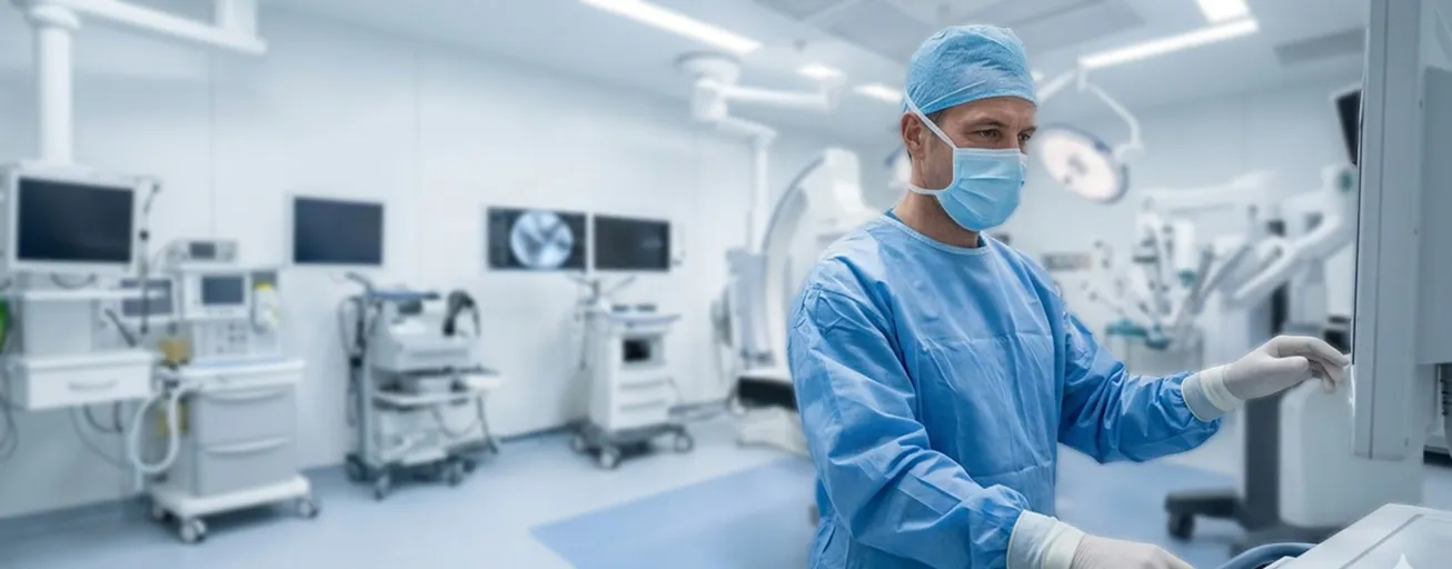 Orthopäde in blauen OP-Kittel und Maske bedient Monitor im modernen Operationssaal.