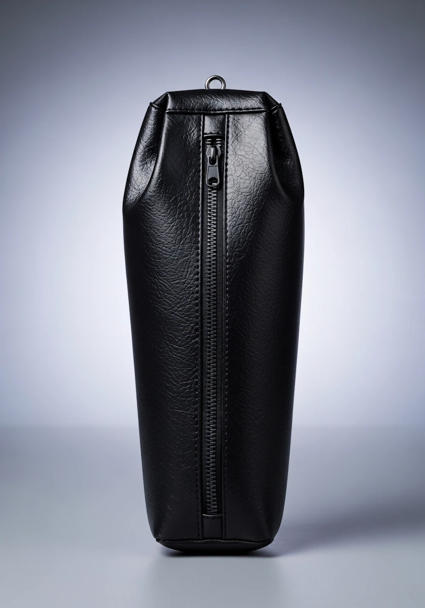 Tall black leather pouch with a central zipper and a metal ring at the top, standing upright on a gray surface.