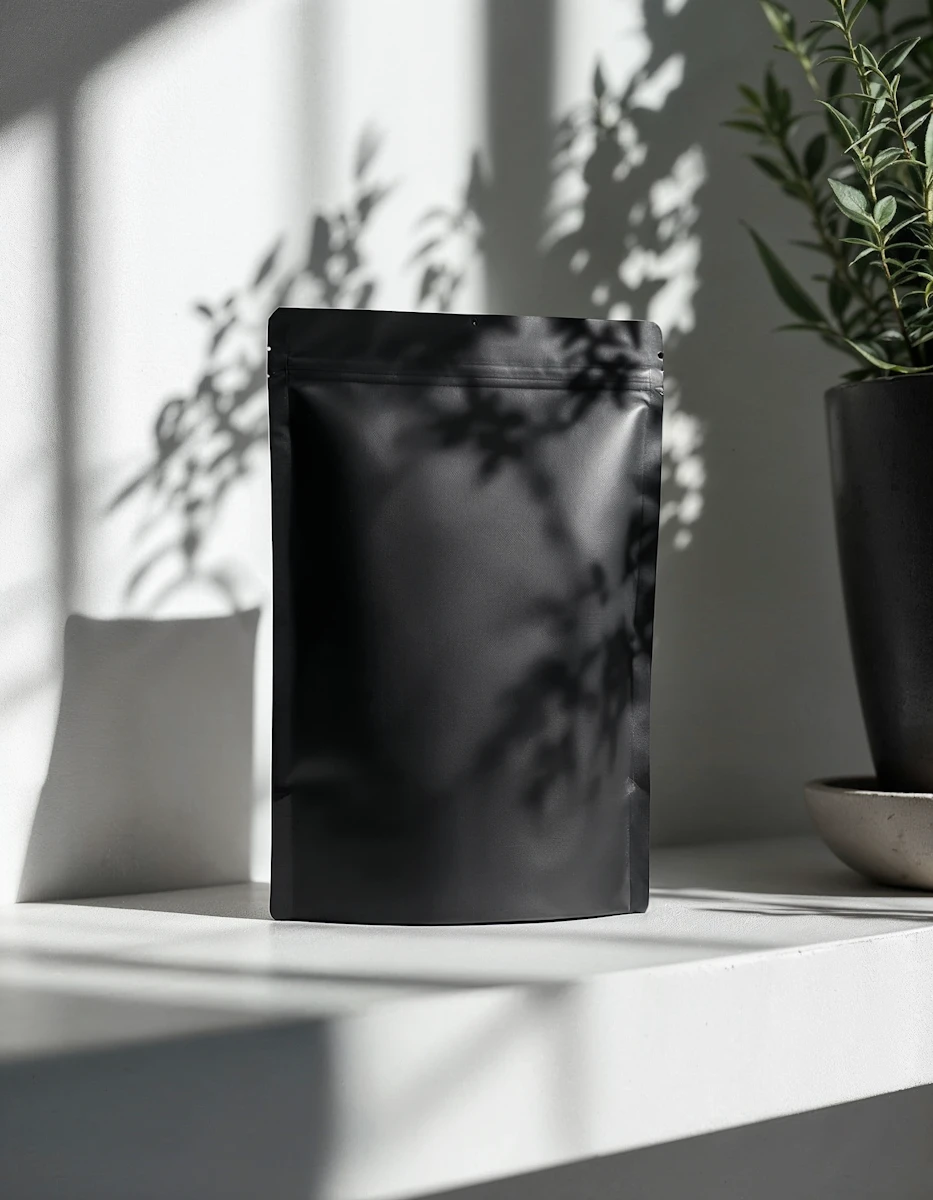 Matte black resealable pouch standing on a white surface with a potted plant and natural light casting shadows in the background.