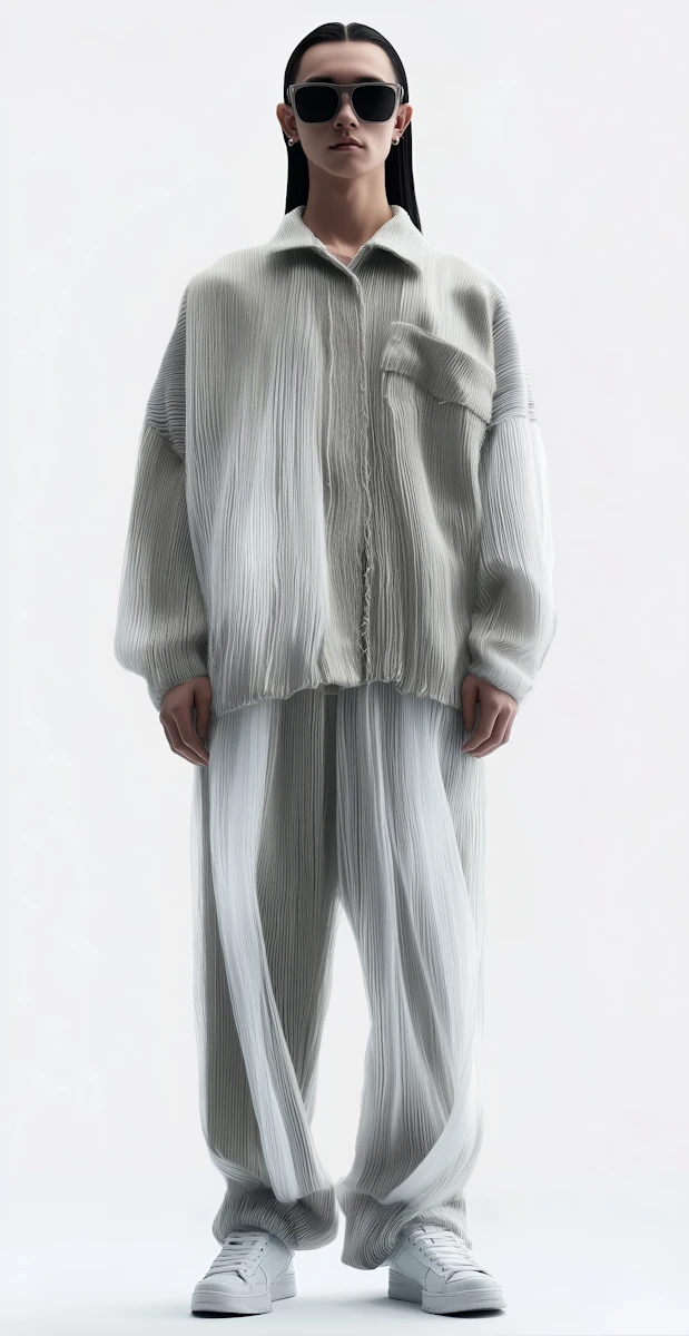 Person wearing oversized light gray pleated shirt and matching wide pleated pants with white sneakers and black sunglasses.