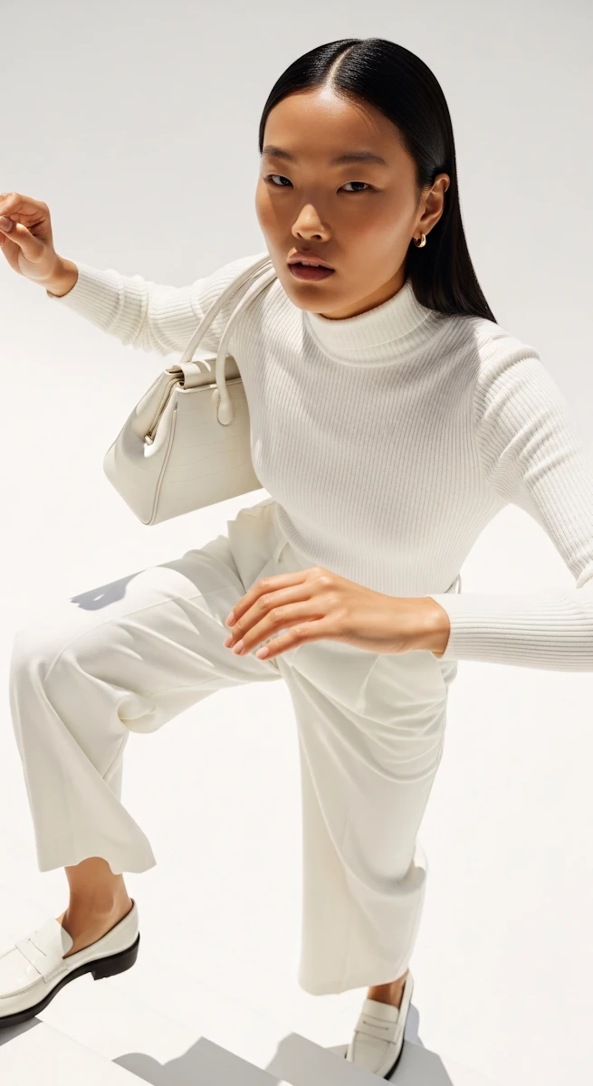 Fashion model in a white ribbed turtleneck sweater, white pants, white loafers, and holding a white handbag.