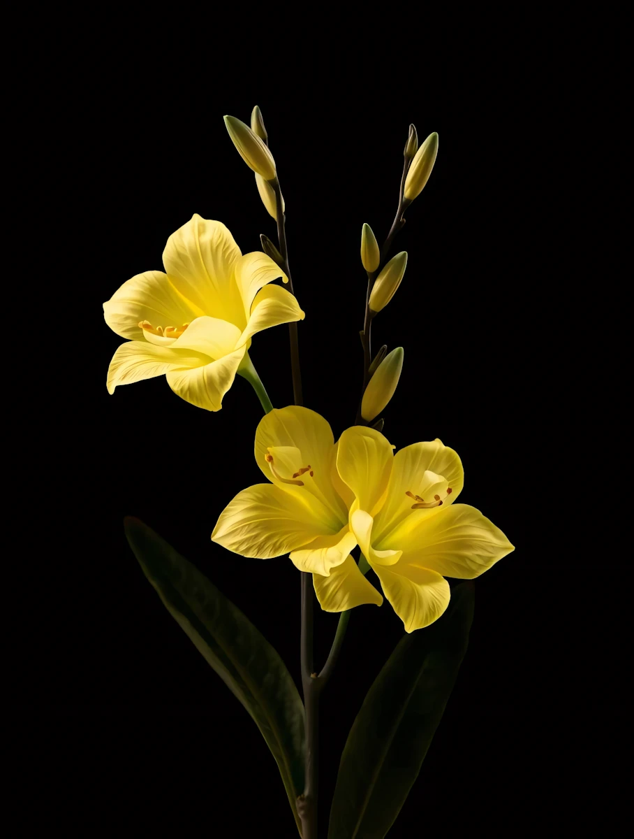 Close-up of a yellow flower stem with three blooming flowers and several buds against a black background.