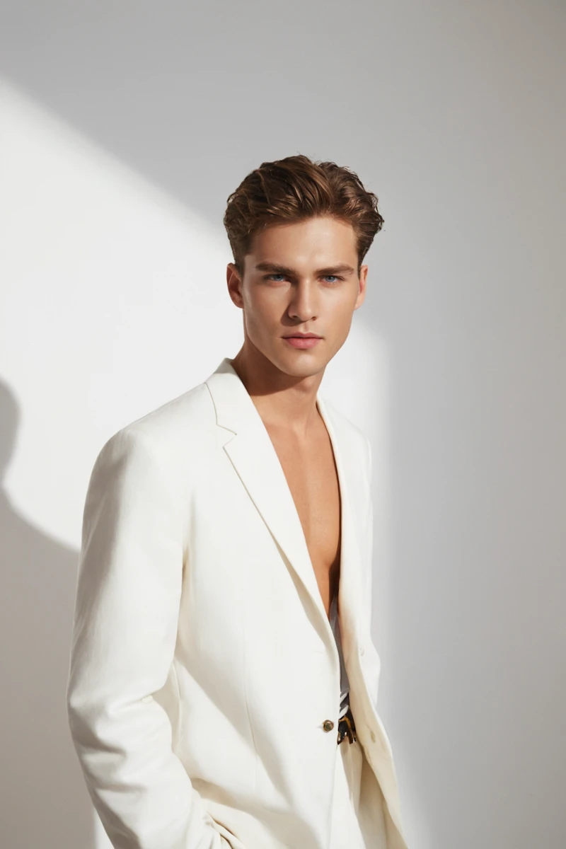 Young man with styled brown hair wearing an open white suit jacket against a neutral background.