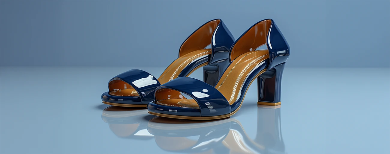 Pair of glossy navy blue high-heeled open-toe sandals with tan insoles on a reflective surface.