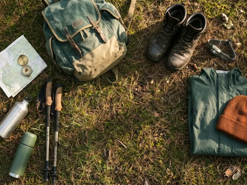 Hiking gear laid out on the grass: backpack, boots, trekking poles, map, compass and a water bottle