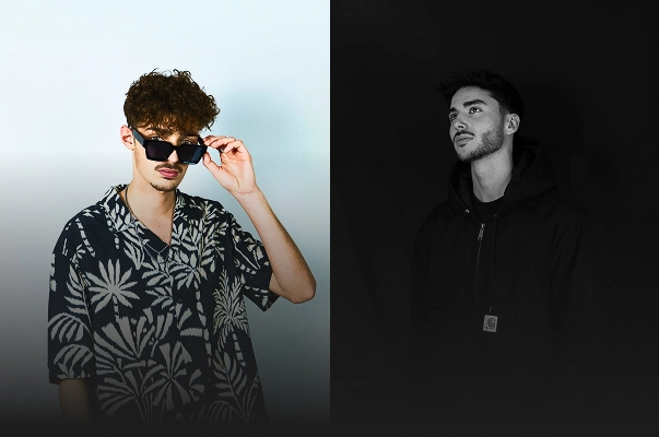 Portrait de deux jeunes hommes côte à côte sur un fond divisé en deux ; celui de gauche porte une chemise à motifs et des lunettes de soleil, tandis que celui de droite porte un sweat à capuche foncé, le tout dans un décor en noir et blanc. Se sont DJ Rozen et Atmos