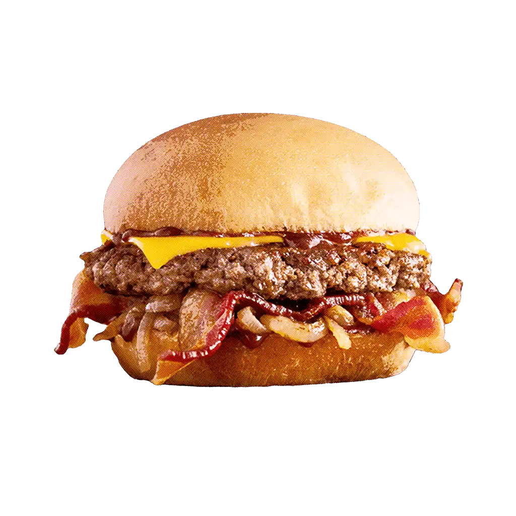 Cheeseburger au bacon, aux oignons caramélisés, au cheddar et à la sauce barbecue, servi dans un petit pain moelleux.