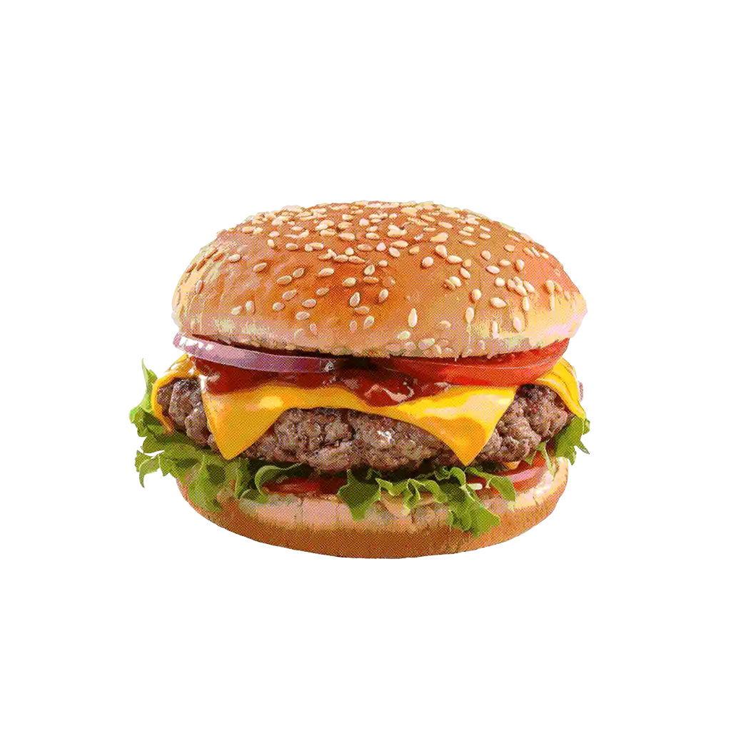Cheeseburger avec un pain aux graines de sésame, de la laitue, une tomate, de l'oignon, du ketchup et une galette de bœuf.