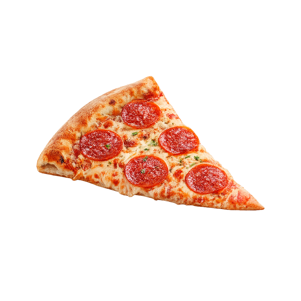 Une part de pizza au pepperoni, garnie de cinq tranches de pepperoni et de fromage fondu, sur une pâte dorée.