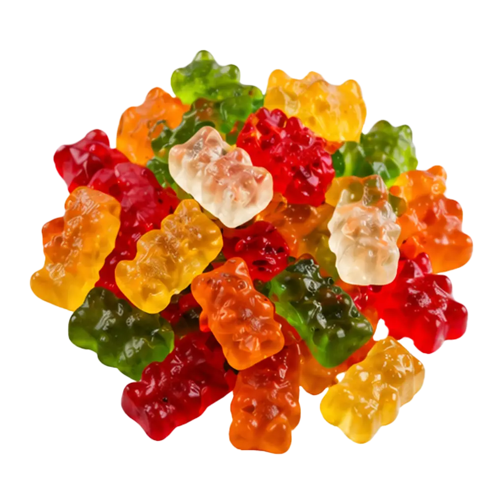 Assortiment de bonbons gélifiés en forme d'oursons, de couleur rouge, orange, jaune, verte et blanche.