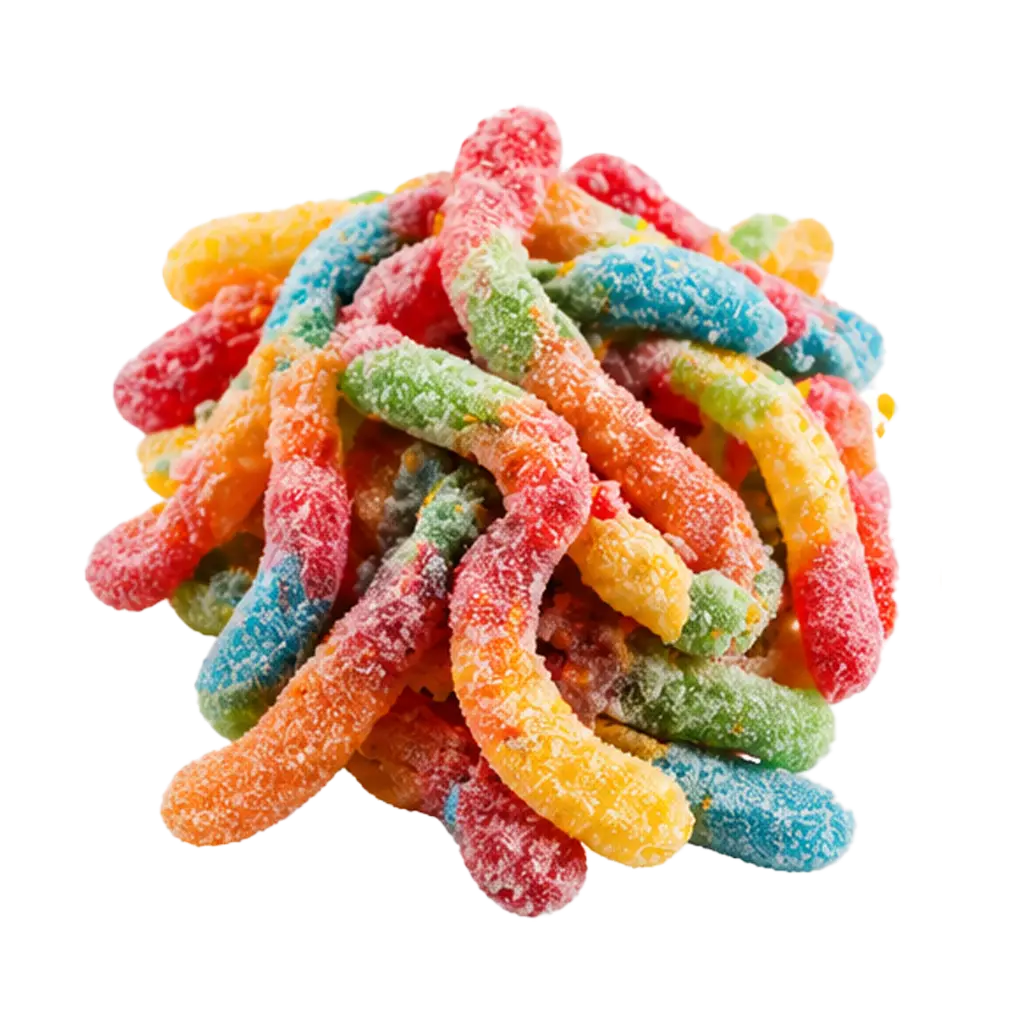 Un tas de vers gélifiés acidulés et colorés, recouverts de cristaux de sucre, sur fond blanc.