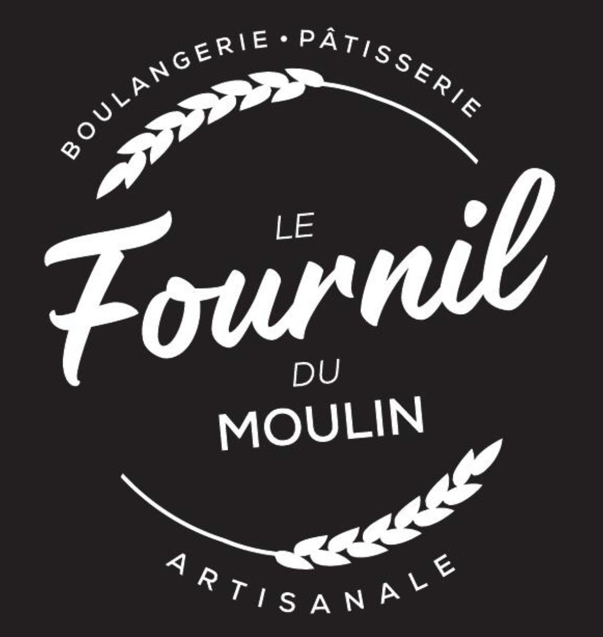 Black circular logo with white text reading 'Boulangerie · Pâtisserie Le Fournil du Moulin Artisanale' and decorative wheat illustrations.