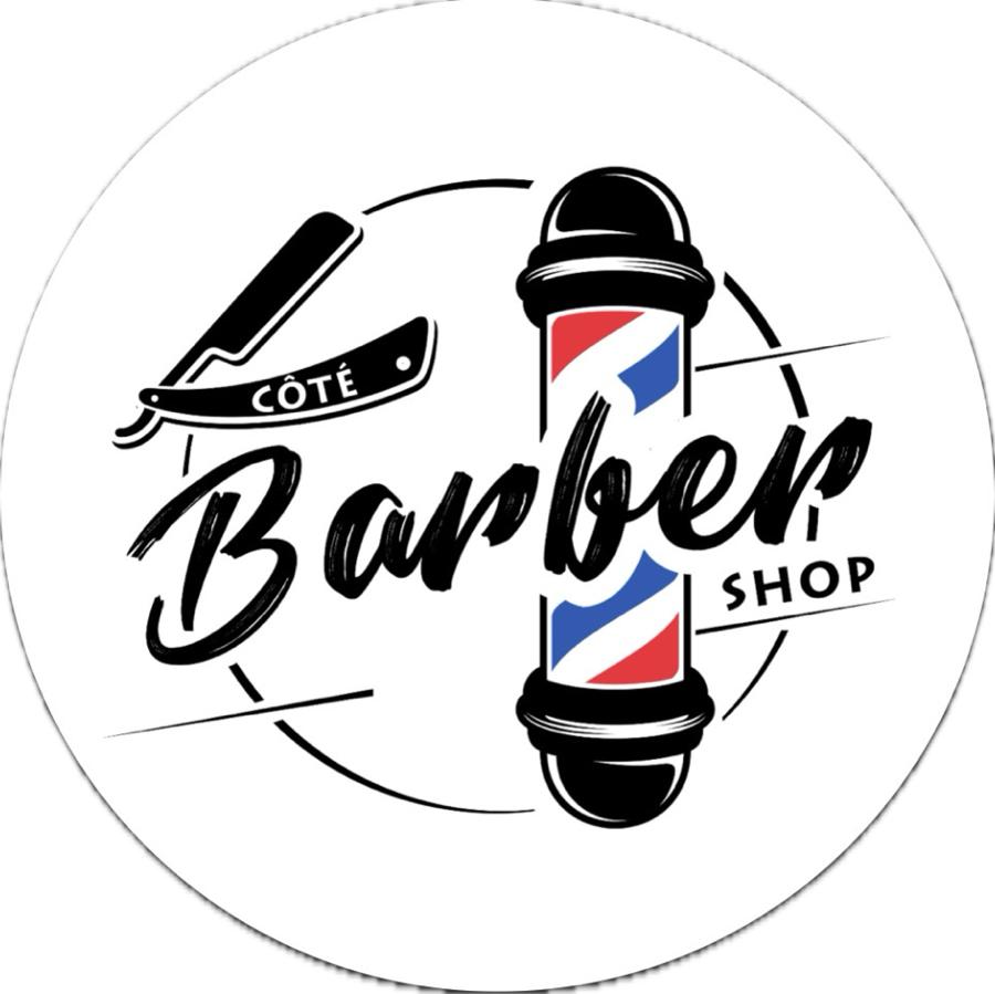 Barber shop logo with a straight razor labeled 'Côté' and a classic red, white, and blue barber pole.