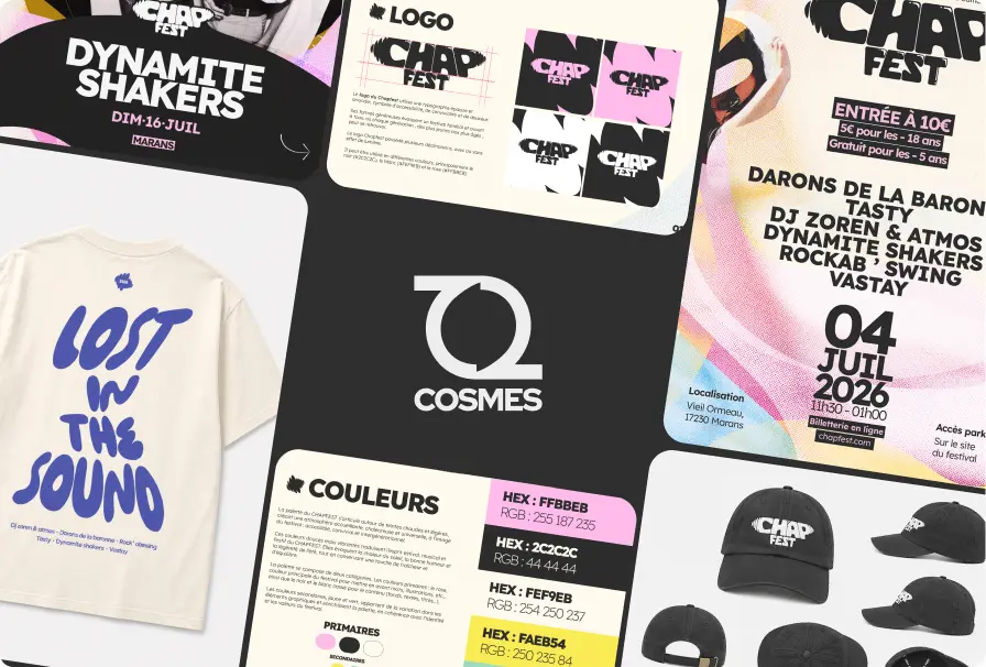 Collage of Chap Fest event branding materials including logo, event date July 4 2026, ticket prices, color codes, merchandise with 'Lost in the Sound' text, and lineup details.
