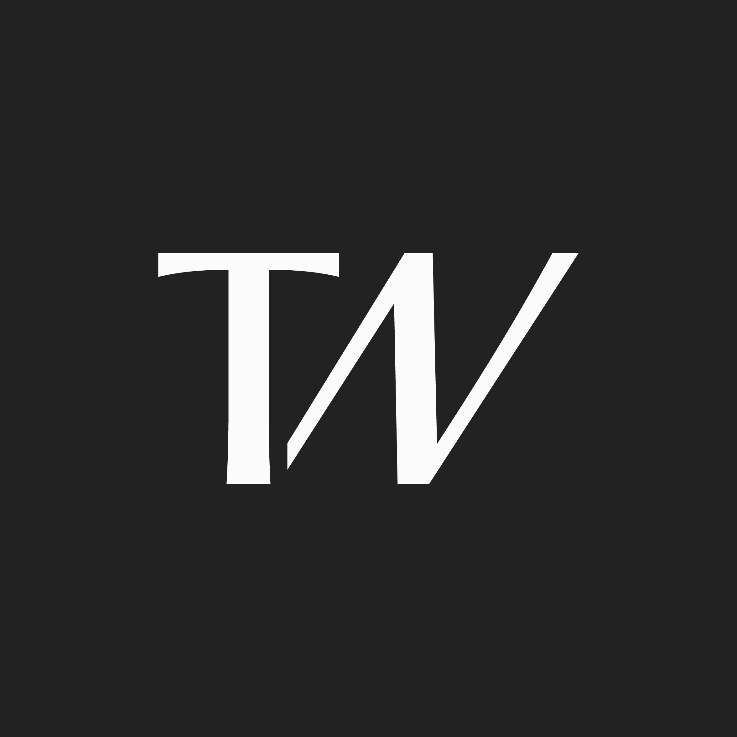 White stylized initials T and W on a dark gray background.