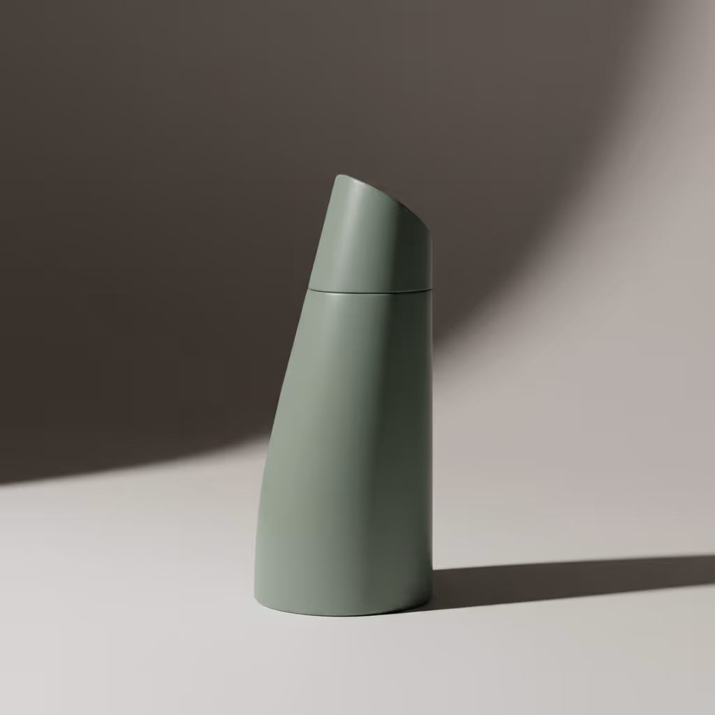 Minimalist matte terracotta cylindrical container on a textured concrete pedestal with shadow lines.