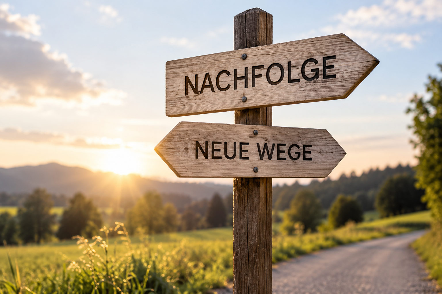 Holzwegweiser mit den Aufschriften Nachfolge und Neue Wege vor einer Landschaft im Abendlicht