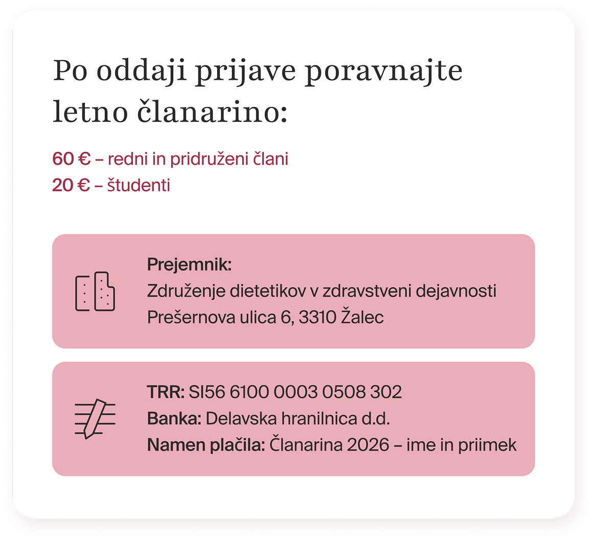 Information on annual membership fees: 60 euros for regular and associate members, 20 euros for students. Payment recipient: Združenje dietetikov v zdravstveni dejavnosti, Prešernova ulica 6, 3310 Žalec. Bank details: TRR SI56 6100 0003 0508 302, Bank Delavska hranilnica d.d., payment purpose: Membership 2026 including name and surname.