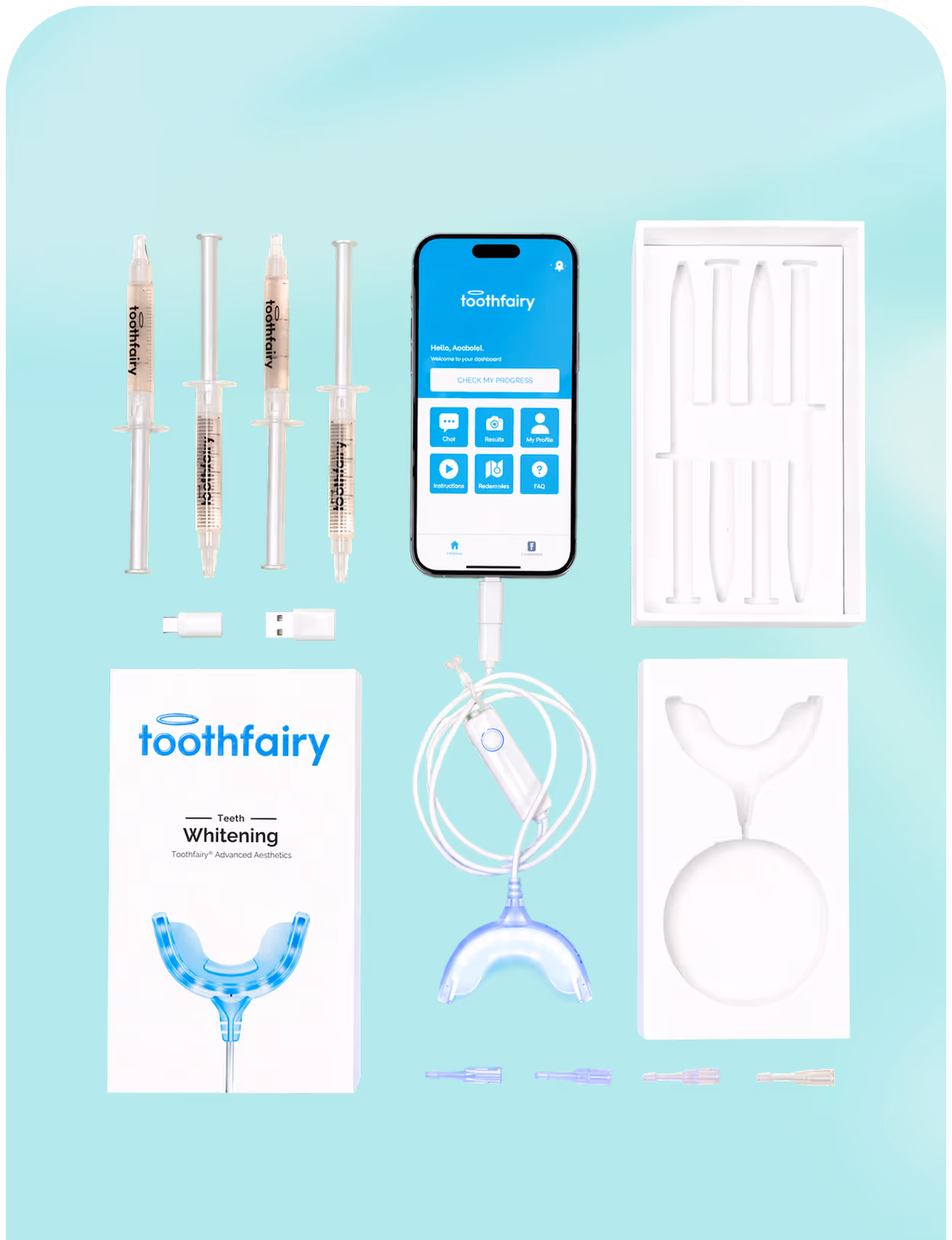 Toothfairy teeth whitening kit with syringes, LED mouthpiece connected to phone app, and packaging.