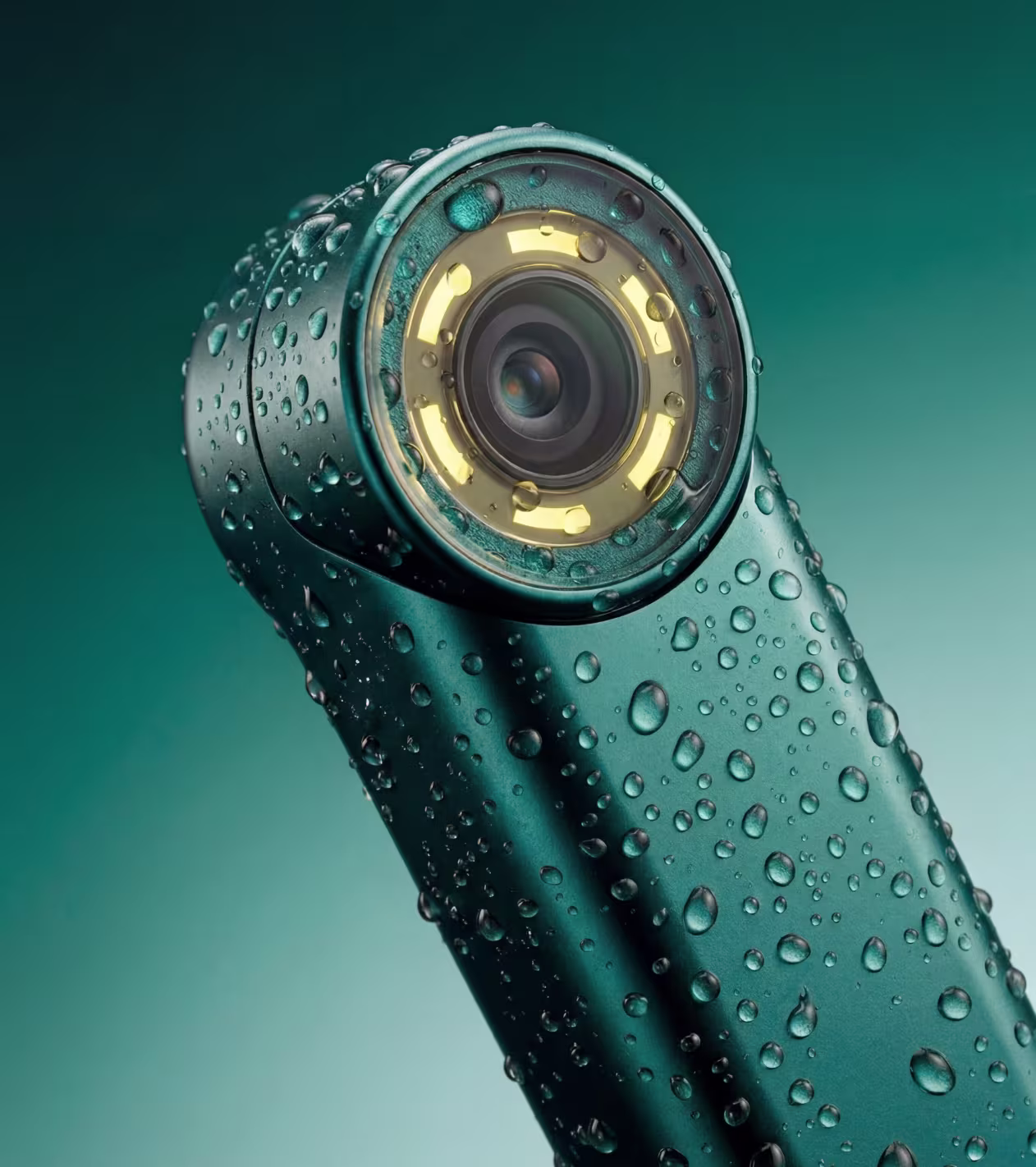 Close-up of a teal waterproof camera lens covered with water droplets against a teal background.