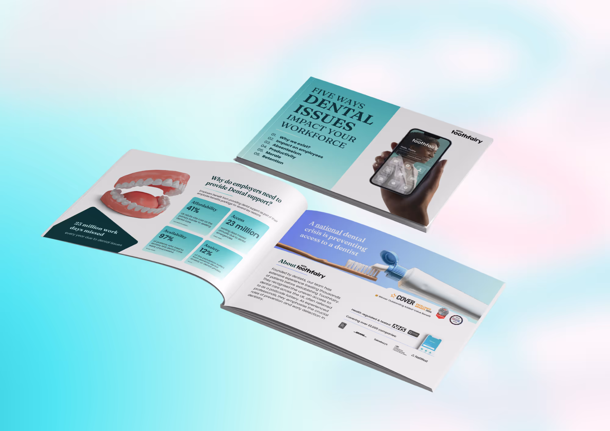 Open booklet about dental issues and workforce impact with images of dentures and a toothbrush with toothpaste.