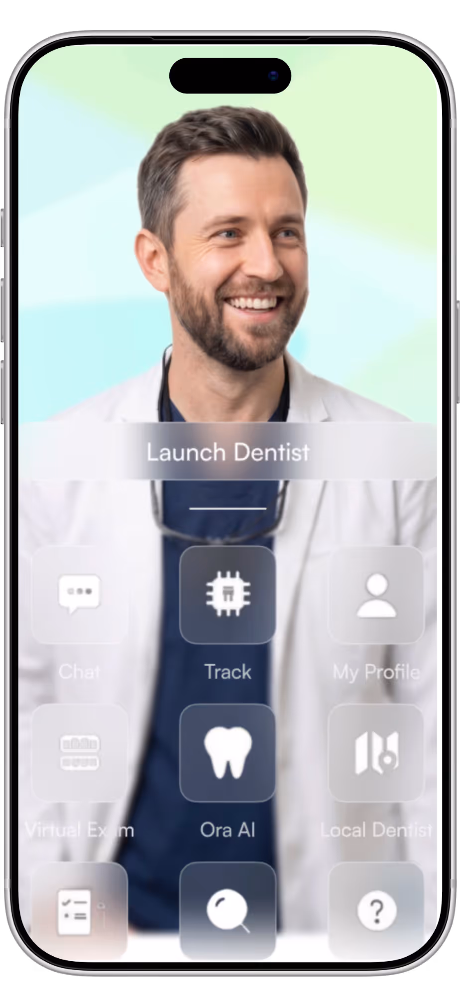 Smartphone screen showing a smiling male dentist and a dental app interface with icons like Track and Ora AI.