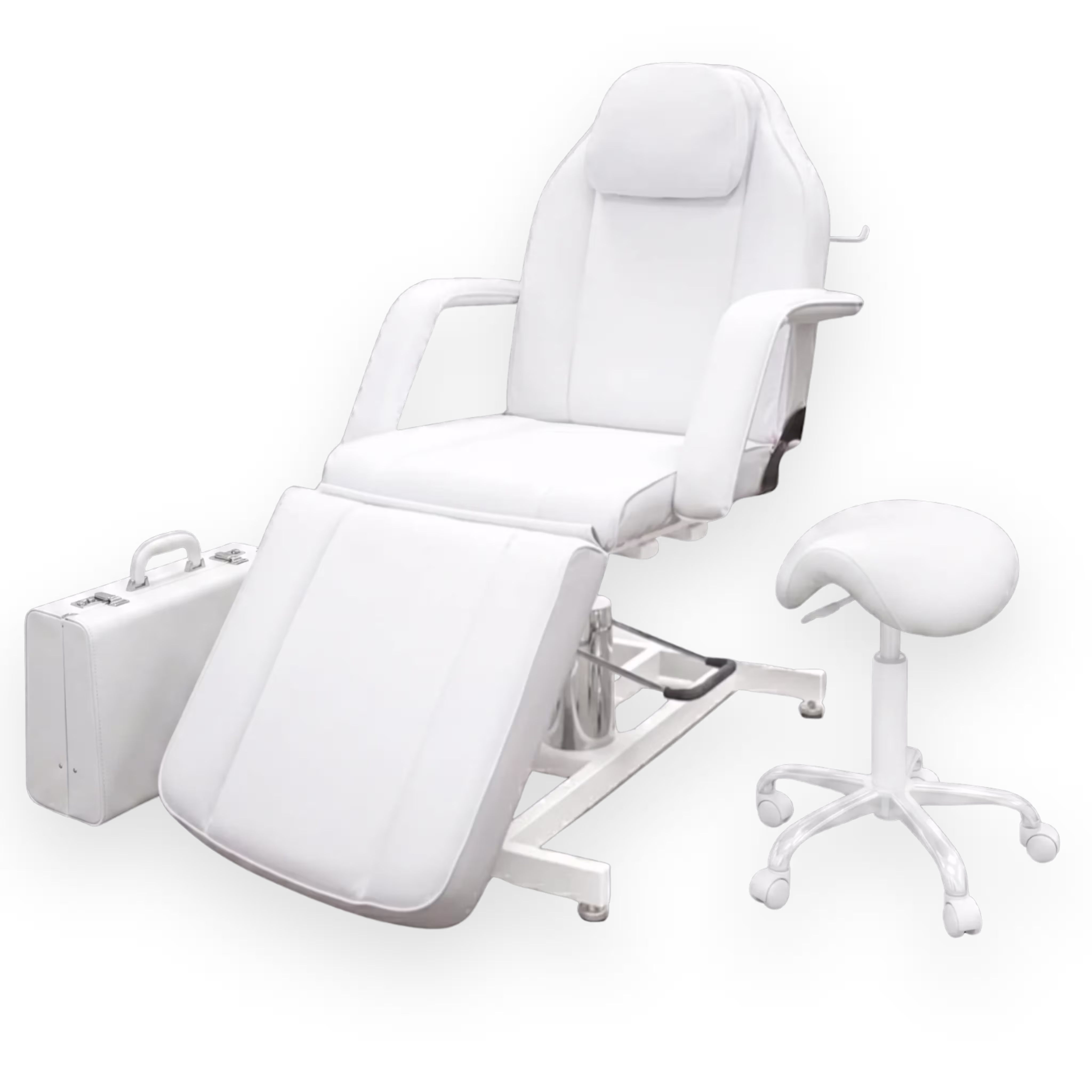 White adjustable medical or spa chair with matching stool and a white briefcase beside it.