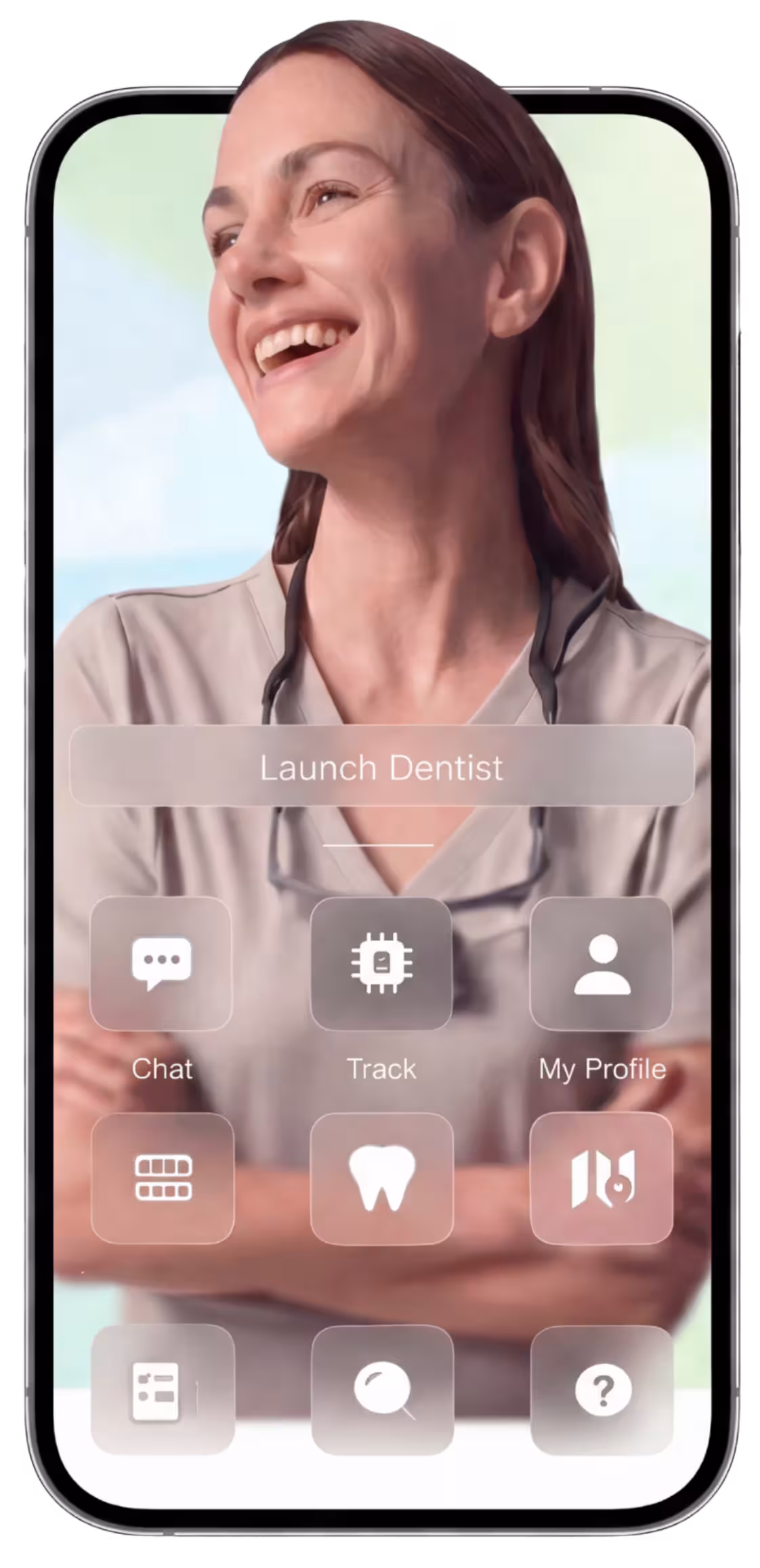 Smartphone screen with dental app interface showing a smiling female dentist and menu icons.