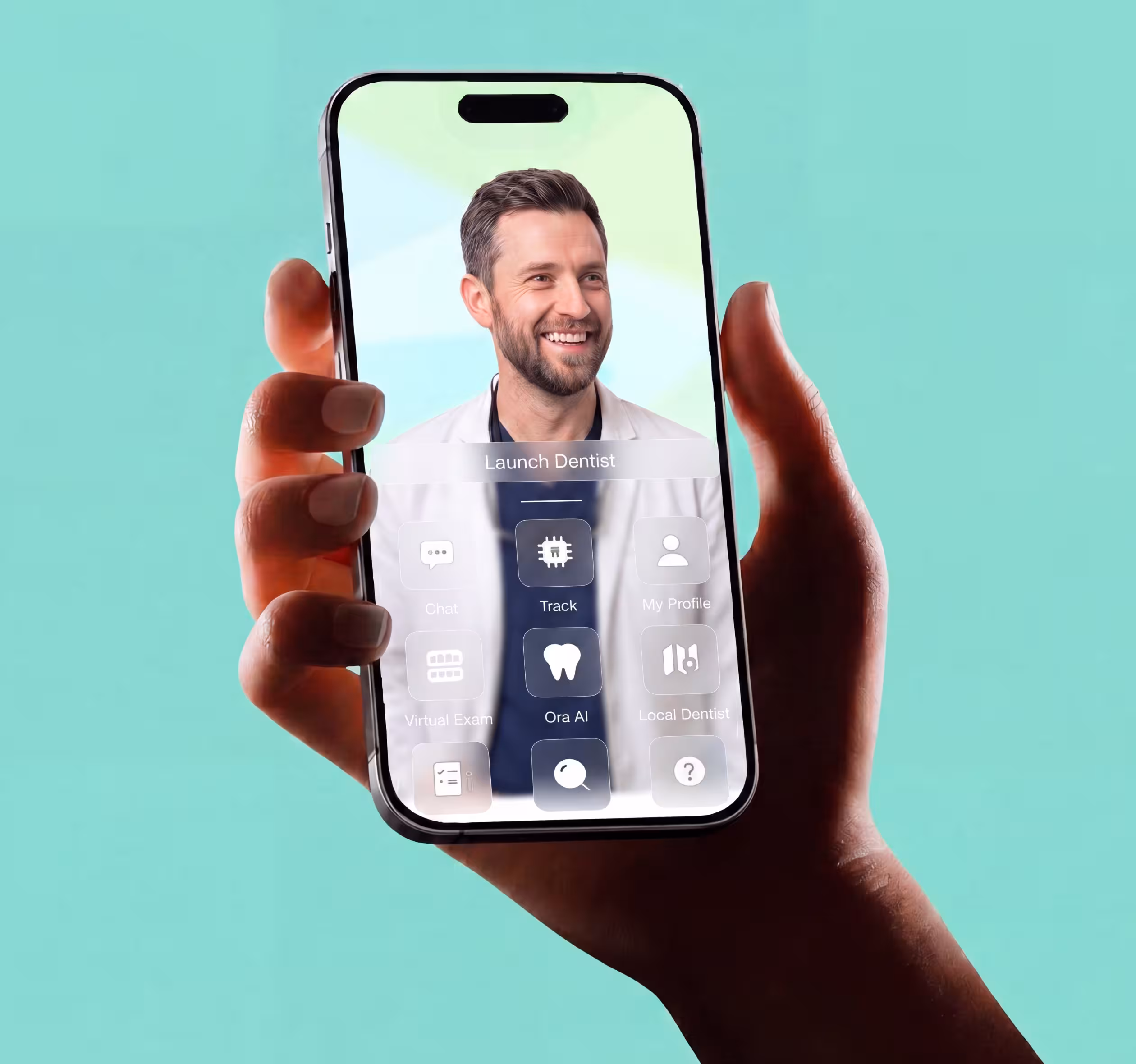Hand holding phone displaying a smiling male doctor and dental app interface with options like Track and Ora AI.